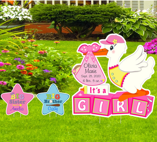 Personalized Stork Yard Sign: Baby Birth Stats, Sibling Star Signs, Outdoor Decor