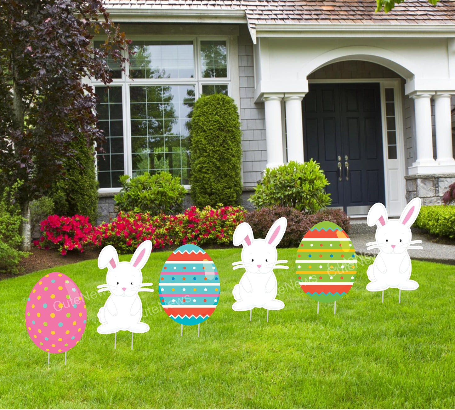 Easter Bunnies & Eggs Yard Sign Set: Custom Name Lawn Decor