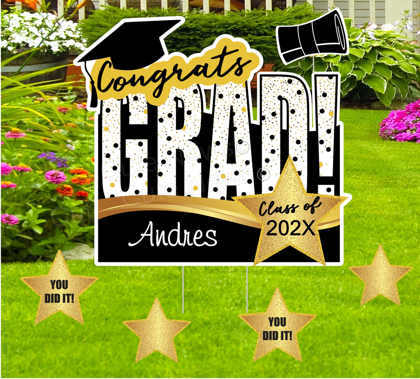 Personalized Graduation Yard Sign: Black & Gold Congrats Decor