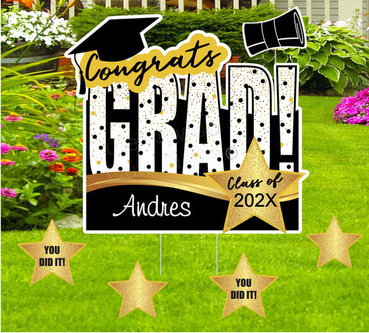 Personalized Graduation Yard Sign: Black & Gold Congrats Decor