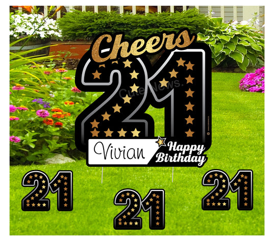 Personalized 21st Birthday Yard Sign: Black & Gold Outdoor Party Decor