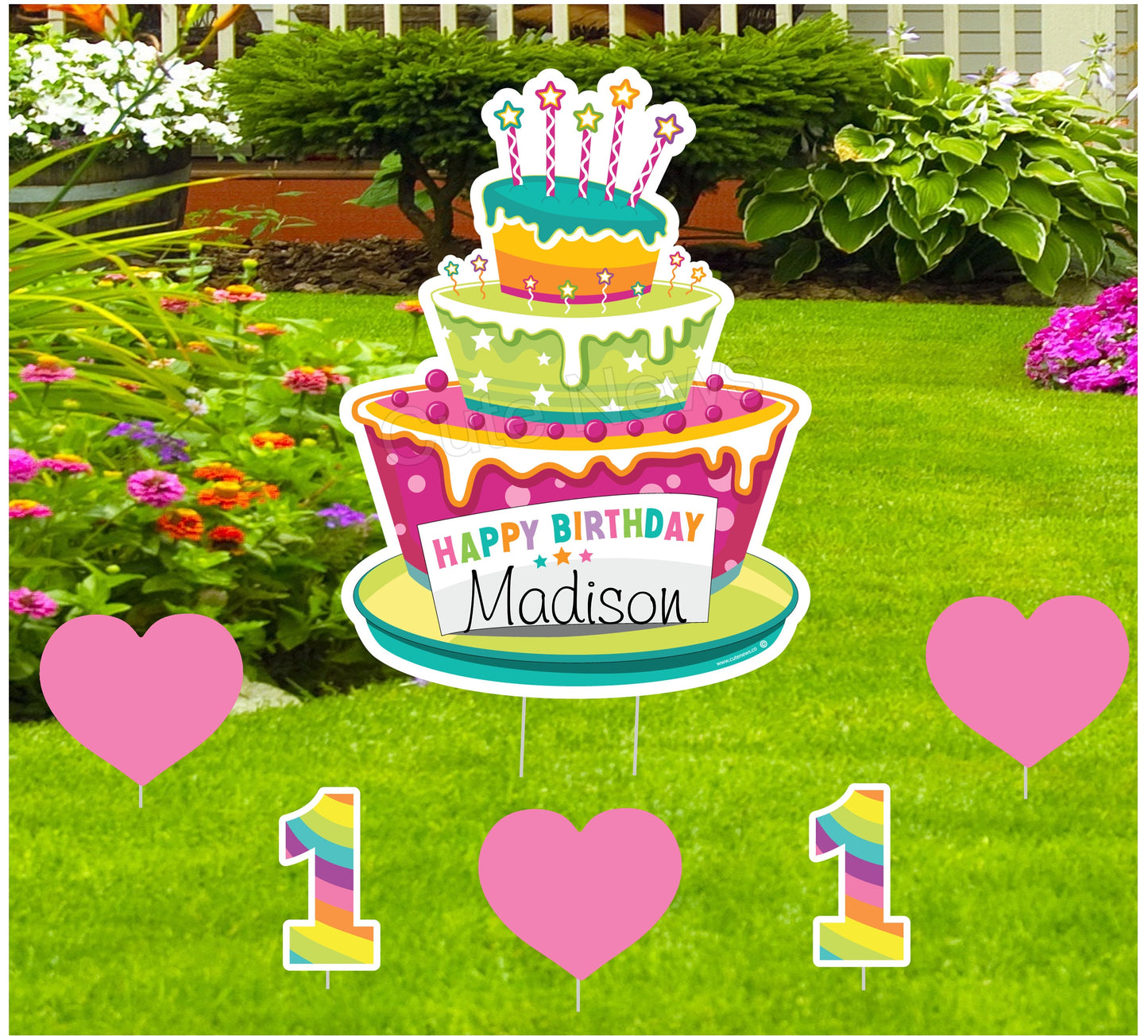 Personalized 1st Birthday Yard Sign: Rainbow Cake Outdoor Decor