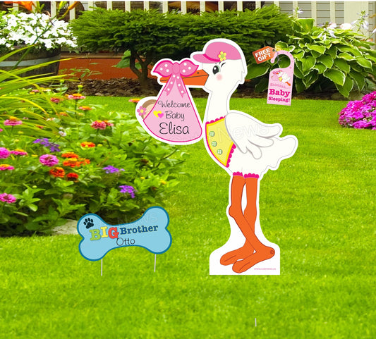 Welcome New Baby Yard Stork and Sibling Sign, Custom Name Its a Girl Personalized Lawn Birth Announcement, Newborn Arrival Cards, 4 ft tall