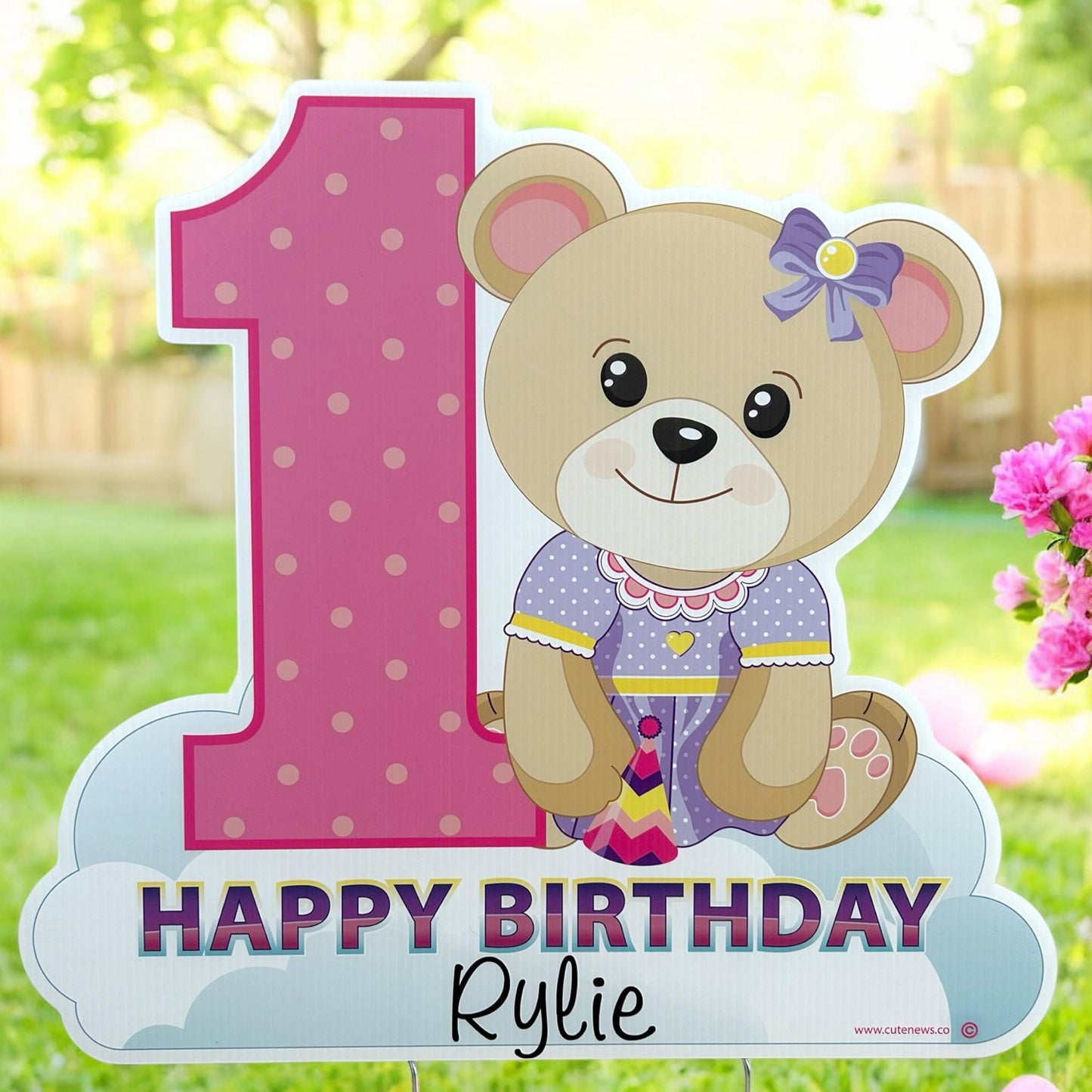 Happy First Birthday Yard Sign, 1st Birthday Teddy Bear Outdoor Party Decoration, Number 1 Lawn Art, Custom Gift for Baby Girl or Boy, Pink