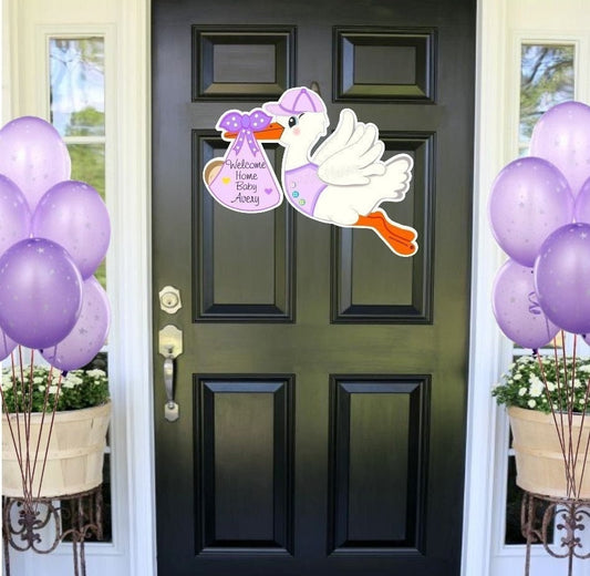 Personalized Stork Door Hanger: Welcome Home Baby Sign - Outdoor Decoration