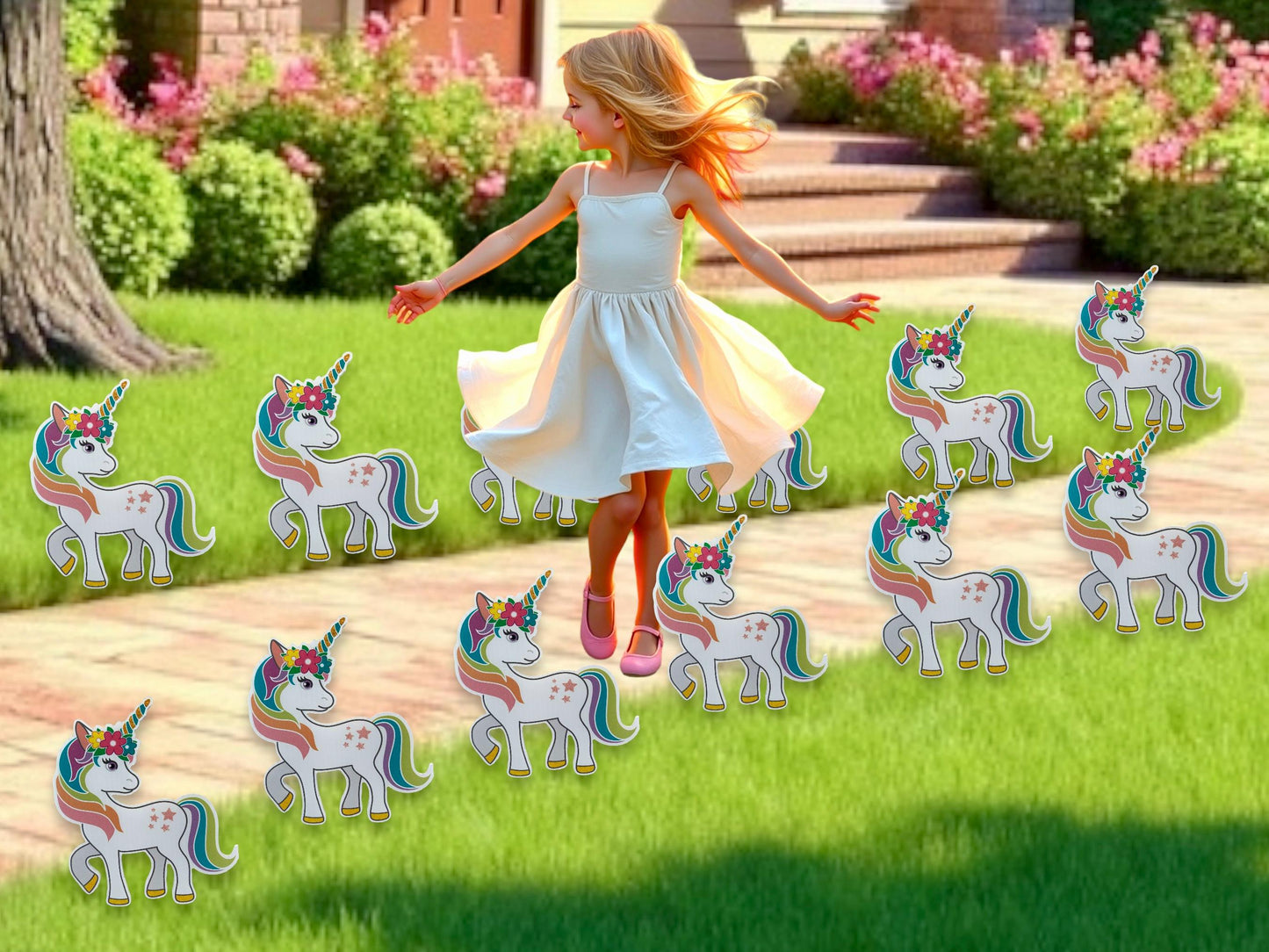Unicorn Birthday Yard Signs: Rainbow Hearts Party Decor - Set of 12