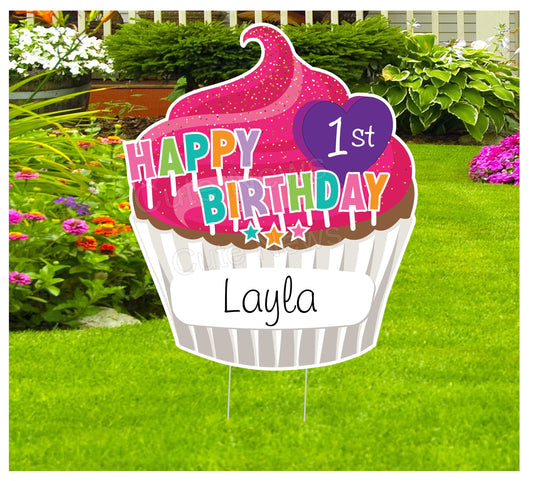 Personalized 1st Birthday Yard Sign: Outdoor Cupcake Lawn Decoration