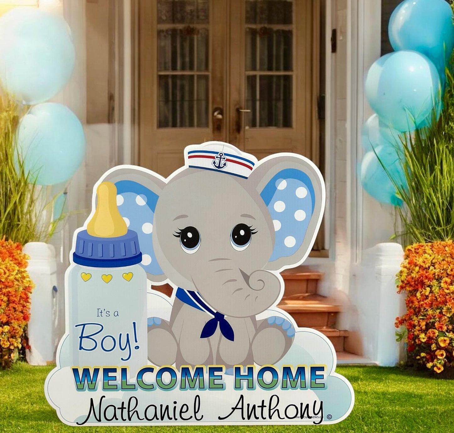 Elephant Baby Announcement Yard Sign:  Gender Neutral New Birth Arrival - Outdoor Newborn Decor