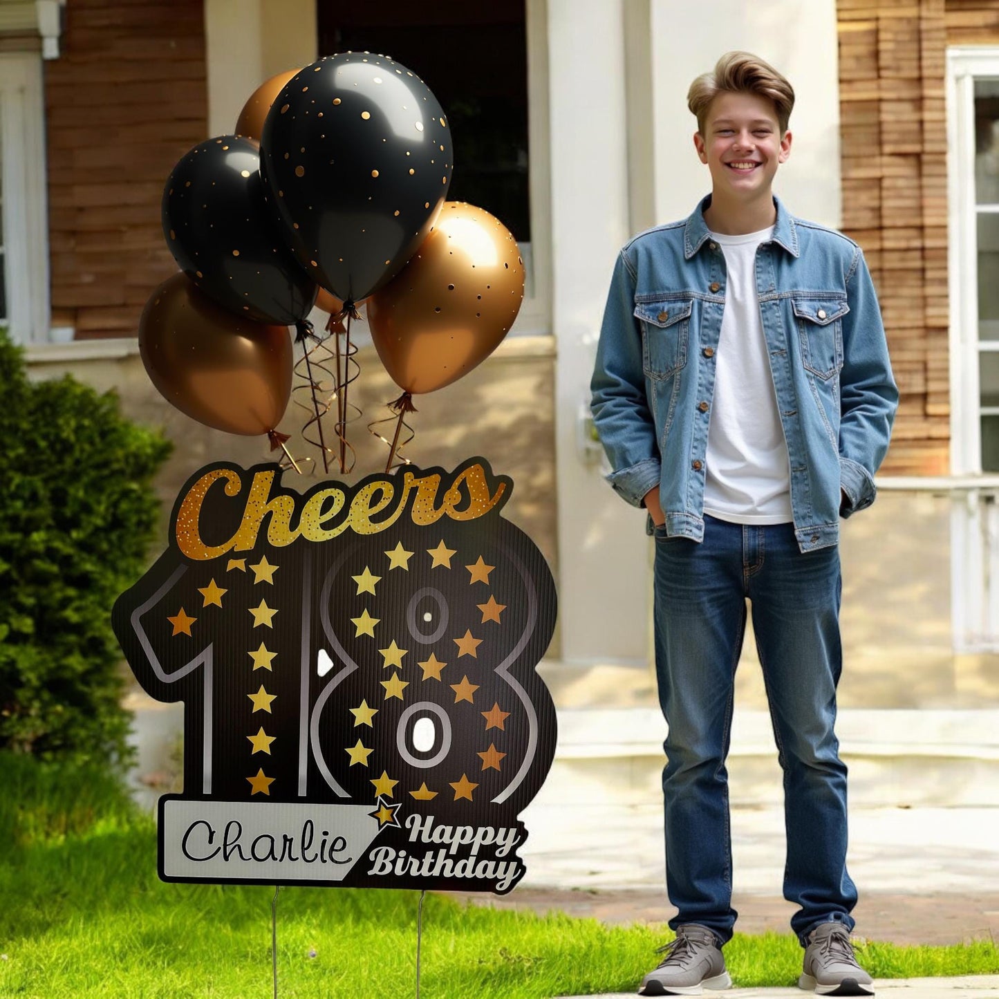 Personalized 18th Birthday Yard Sign: Black & Gold Outdoor Decor