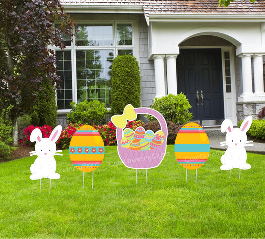 Easter Yard Art: Bunny, Egg & Basket Lawn Decorations - 5 Piece Set