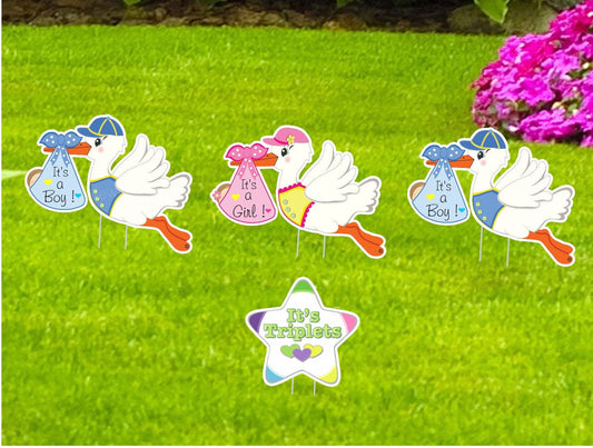 Triplet Baby Announcement Yard Signs: Welcome Home Storks, Outdoor Lawn Decoration