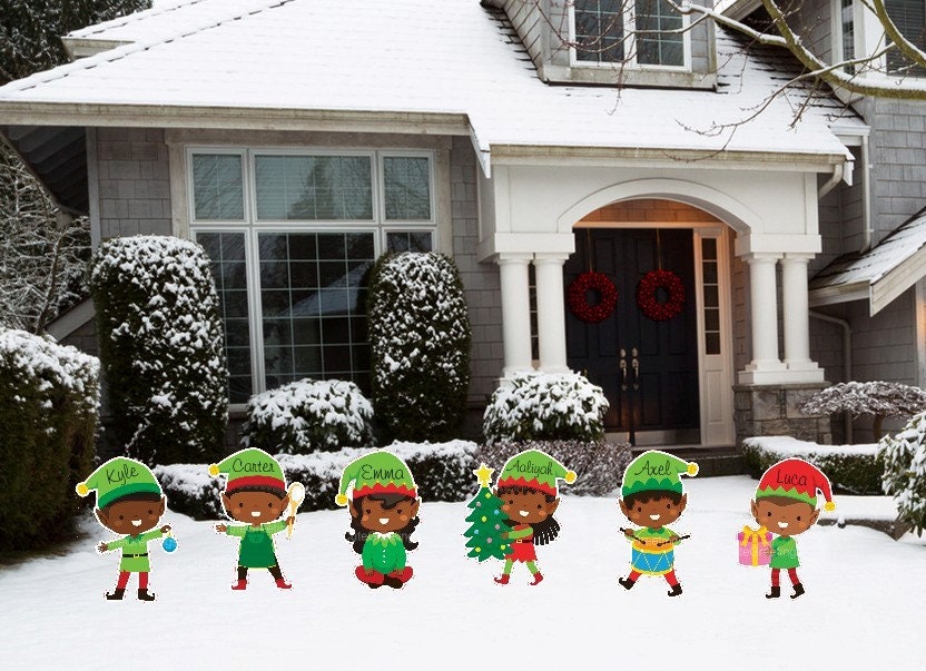 Personalized Christmas Elf Yard Signs: Multicultural Lawn Decor Set