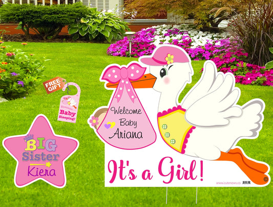 Welcome Home It's a Girl Sign, Stork Announcement, Baby Shower Decoration, Personalized Newborn Boy, Custom Birth and Big Sister Keepsake