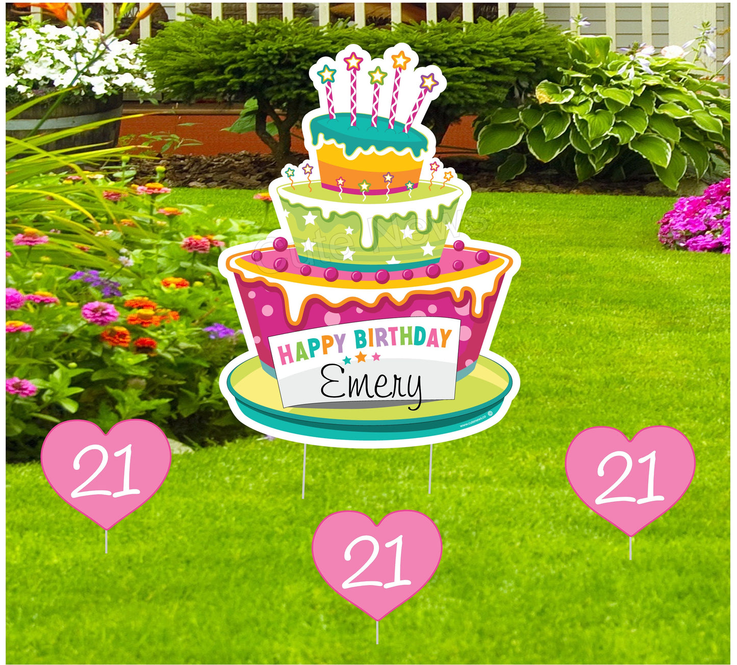Personalized Birthday Yard Sign Kit: Cake & Hearts Lawn Decoration
