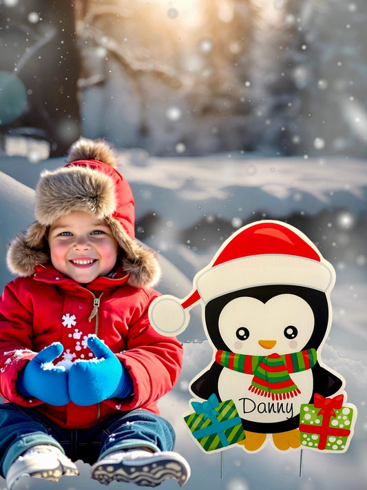 Personalized Penguin Christmas Yard Sign: Holiday Lawn Decor