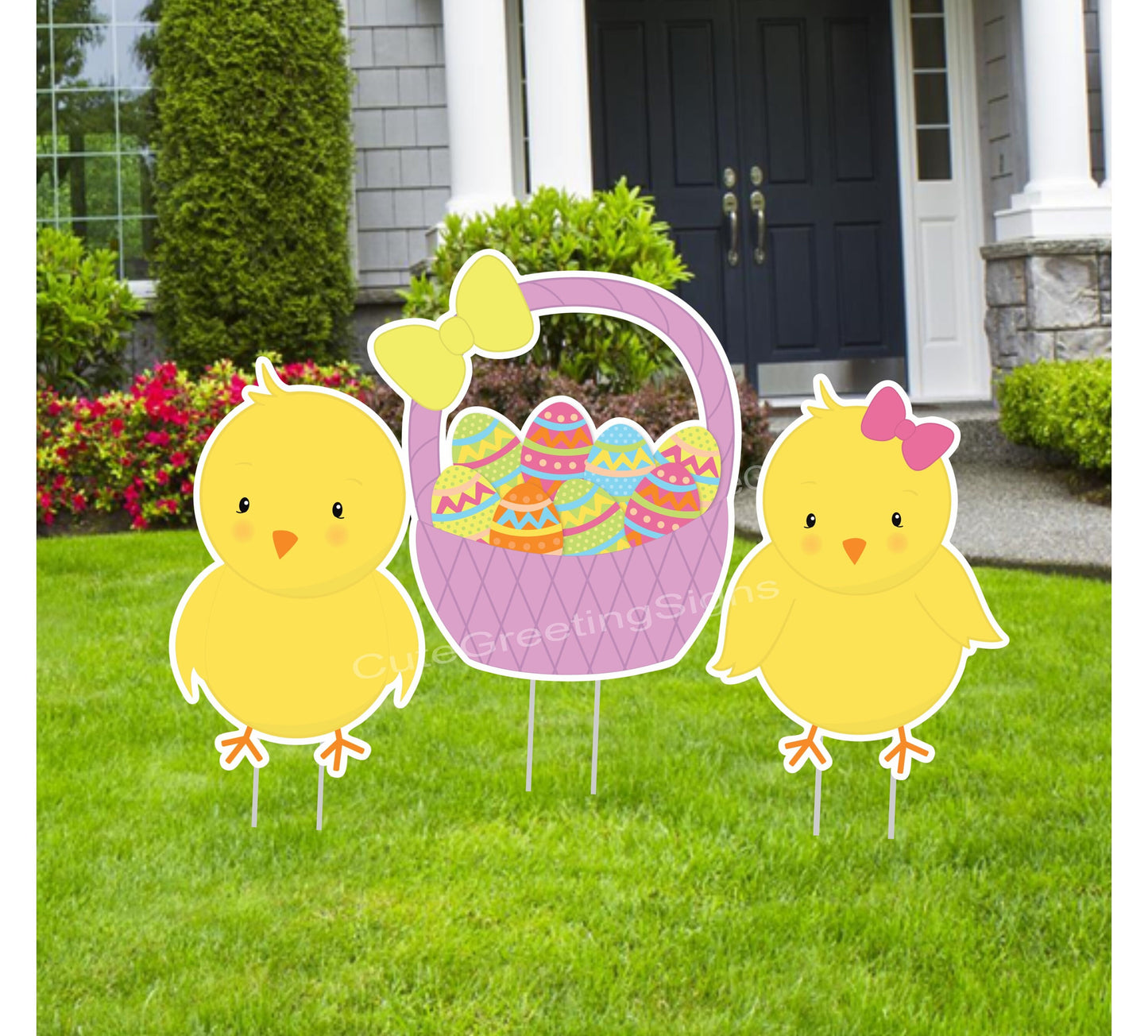 Easter Yard Sign Set: Bunnies, Basket, Eggs - Spring Lawn Decor