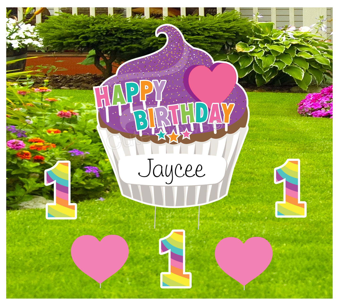 Personalized Cupcake Birthday Lawn Sign: Rainbow Outdoor Decor
