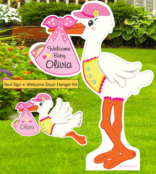 Stork Yard Sign: Personalized Baby Announcement, Welcome Home Baby Girl or Boy - Outdoor Decor