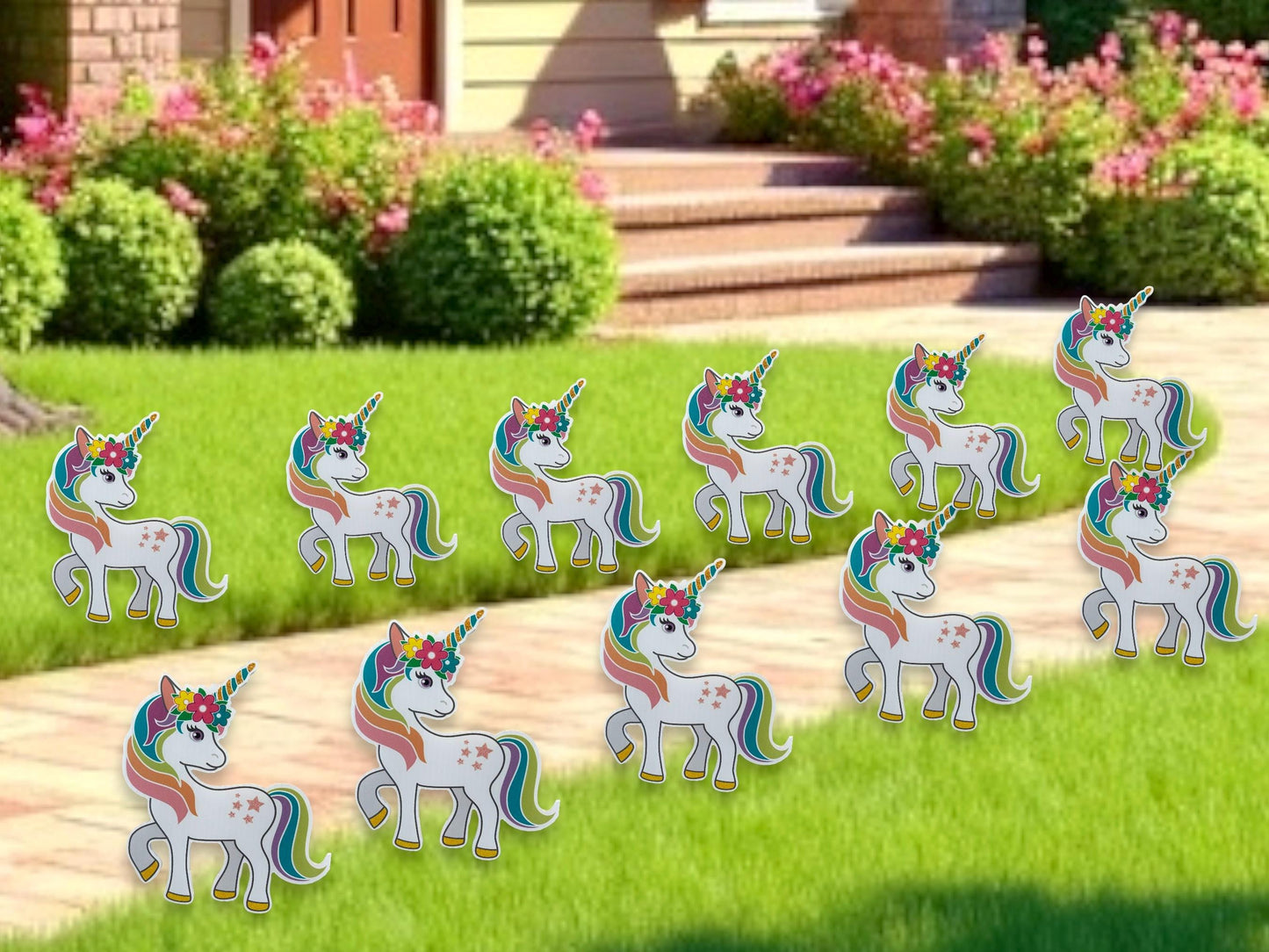 Unicorn Birthday Yard Signs: Rainbow Hearts Party Decor - Set of 12