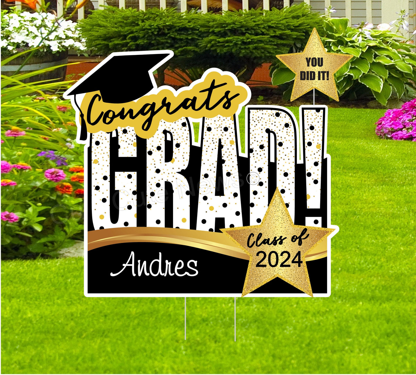 Personalized Graduation Yard Sign: Black & Gold Congrats Decor