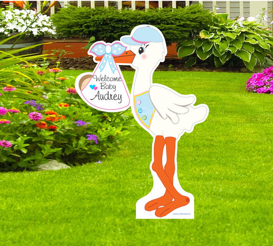 Personalized Stork Yard Sign: Baby Shower, Newborn Lawn Announcement - Gender Neutral Colors