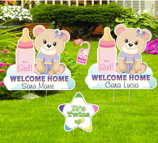 Personalized Twin Teddy Bear Yard Signs: Baby Announcement Outdoor Decor