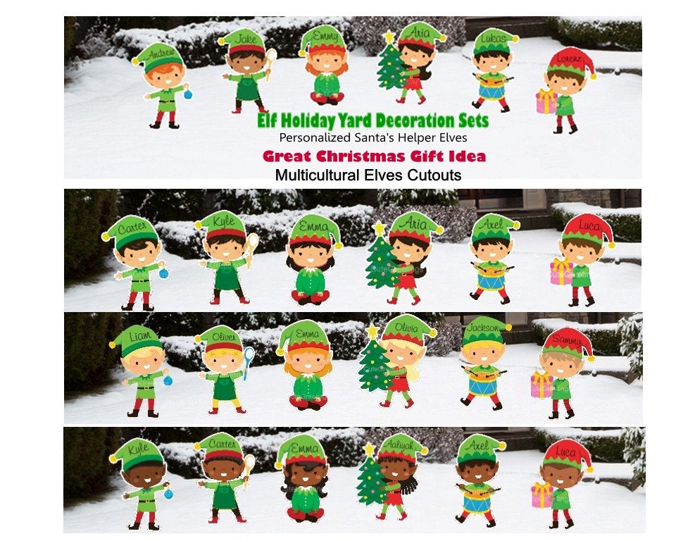 Personalized Christmas Elf Yard Signs: Multicultural Lawn Decor Set