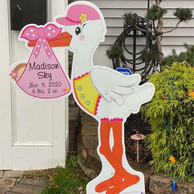 Welcome Home Baby Yard Stork Sign, Custom Birth Stats It's a Girl, Boy Stork Announcement, Personalized Newborn Arrival Decoration 4 ft tall