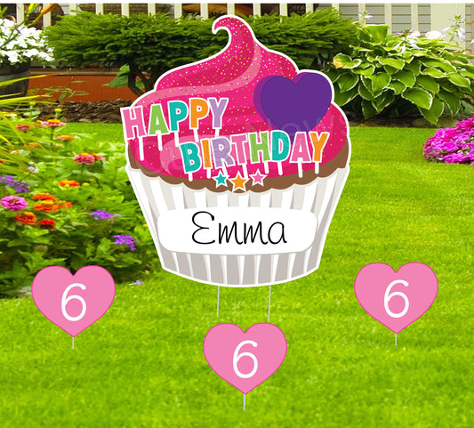 Personalized Cupcake Birthday Yard Sign: Outdoor Party Lawn Decoration