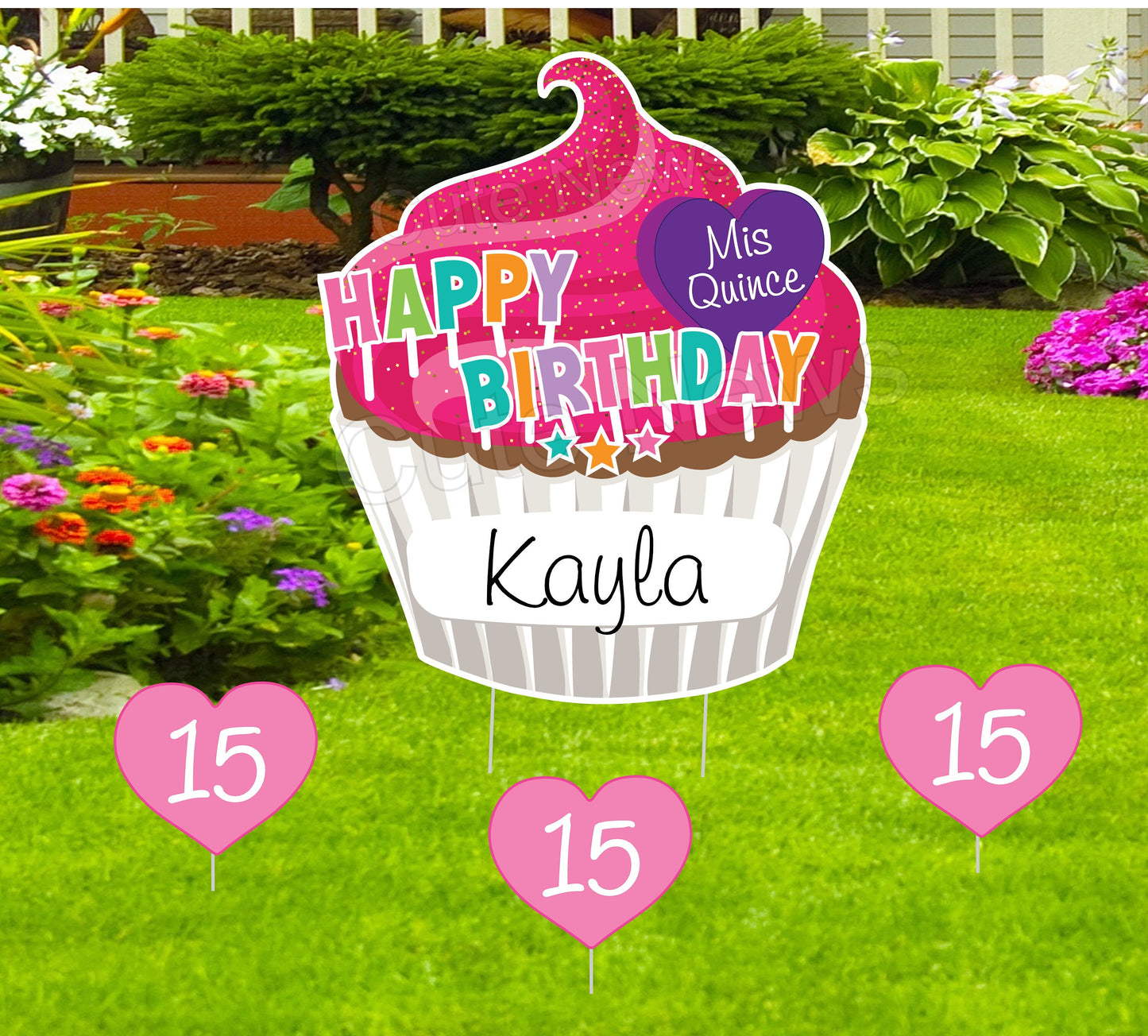 Custom Sweet 15 Cupcake Yard Sign - Outdoor Party Decoration - Personalized Quinceañera Lawn Decor