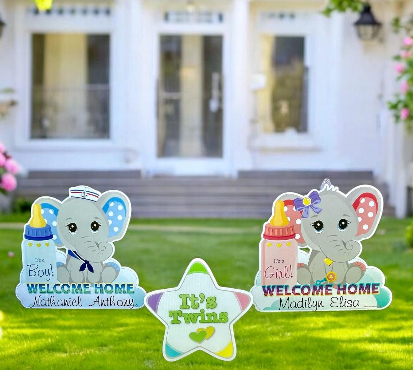 Twin Boys Welcome Home Elephant Yard Signs: New Baby Announcement - Outdoor Decoration