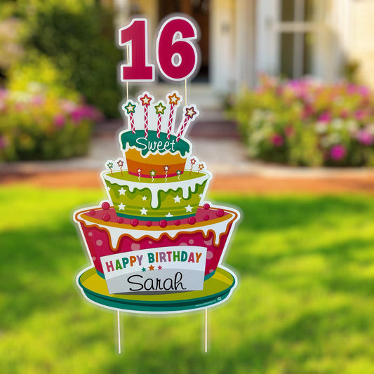Personalized Sweet 16 Birthday Yard Sign: Cake Lawn Decoration
