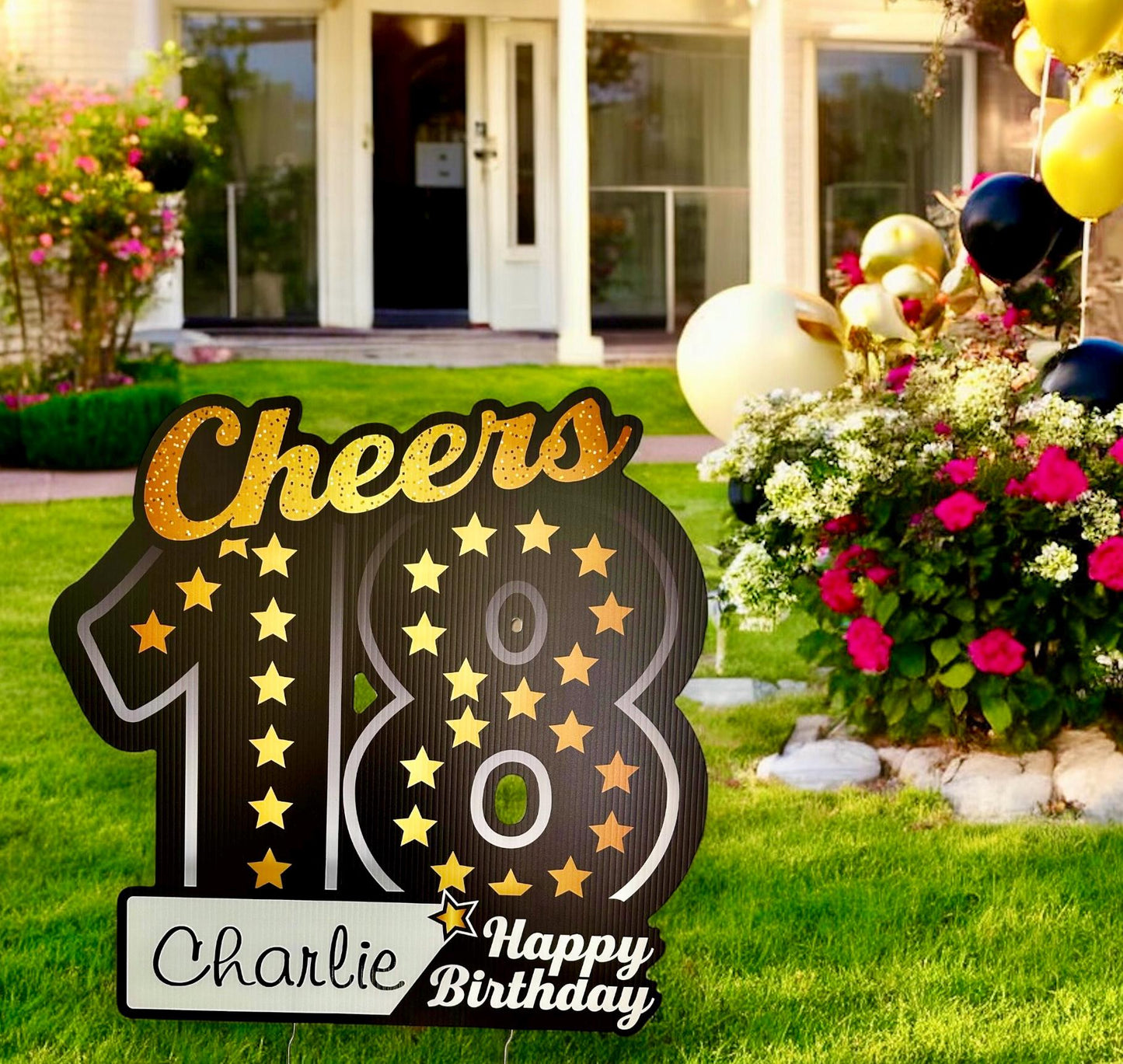 Personalized 18th Birthday Yard Sign: Black & Gold Outdoor Decor