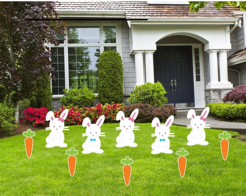 Easter Bunny & Carrot Yard Decor - 10 Piece Set - Outdoor Decoration