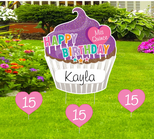 Custom Sweet 15 Cupcake Yard Sign - Outdoor Party Decoration - Personalized Quinceañera Lawn Decor