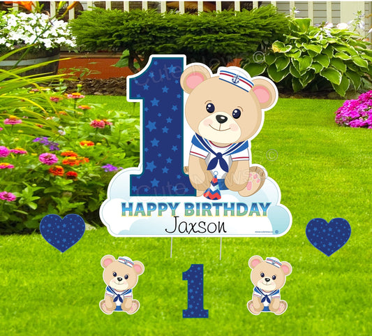 Nautical 1st Birthday Yard Sign: Sailor Bear, Personalized Decoration