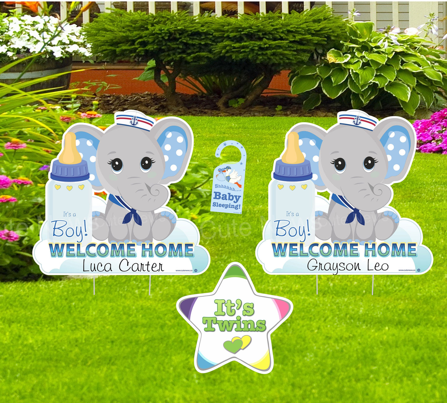 Twins Elephant Yard Sign: Personalized Baby Arrival Announcement