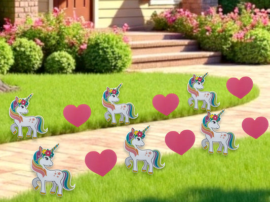 Unicorn Birthday Yard Signs: Rainbow Hearts Party Decor - Set of 12