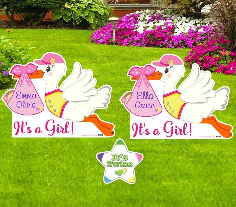 Twin Girls Stork Yard Sign: Personalized Newborn Announcement Decor