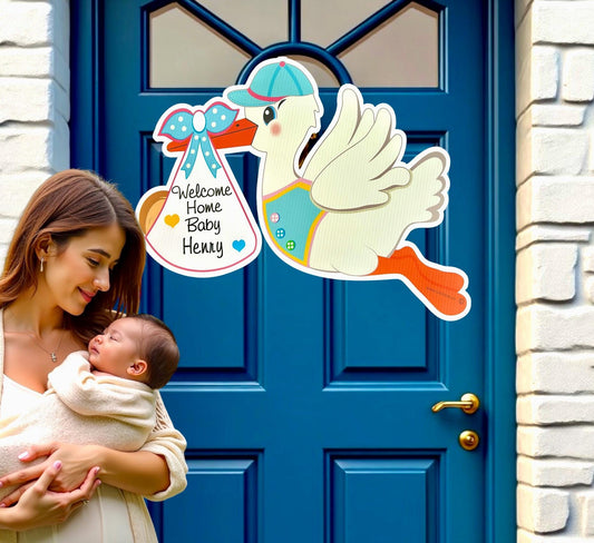 Personalized Baby Stork Birth Announcement Door Sign, Welcome Home Boy or Girl Hospital Hanger, Outdoor Decor,  Gender Neutral Shower Gift