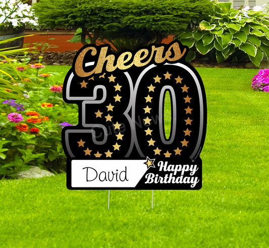 Personalized 30th Birthday Yard Sign: Black & Gold Party Decor