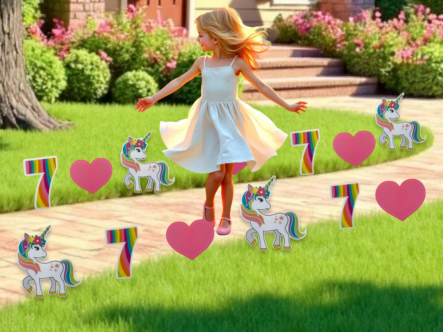 Unicorn Birthday Yard Sign Set: Rainbow Banner, Custom Age - 12 Piece