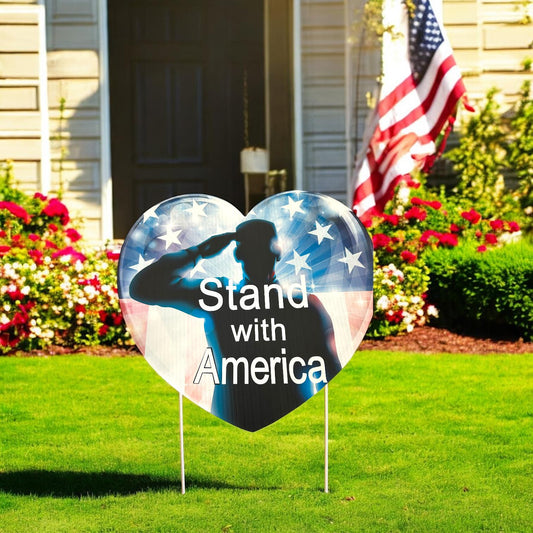 Patriotic Heart Yard Sign: American Flag Lawn Decor with Stakes