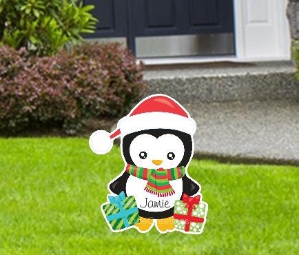 Personalized Christmas Penguin Yard Sign: Holiday Lawn Outdoor Decoration