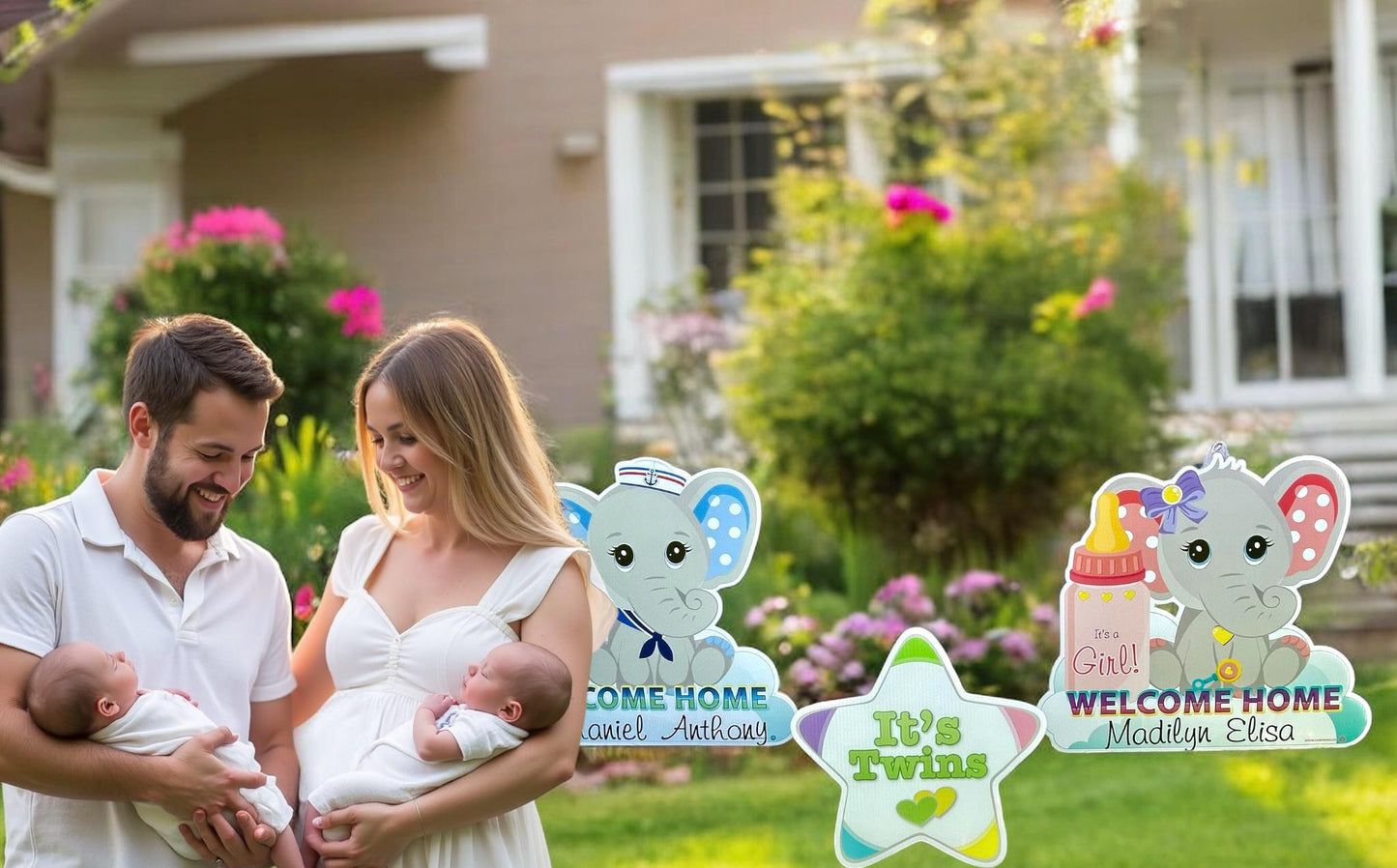Twins Elephant Yard Sign: Personalized Baby Arrival Announcement