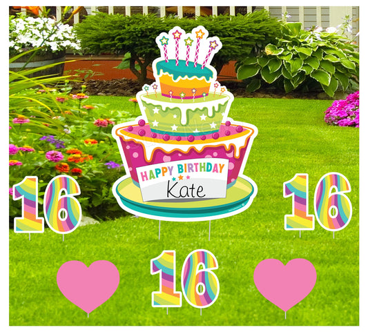 Personalized 16th Birthday Yard Sign: Rainbow Cake, Hearts Decoration