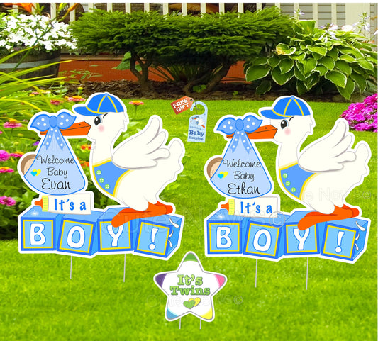 Personalized Twin Stork Yard Signs: Baby Announcement, Shower Decor
