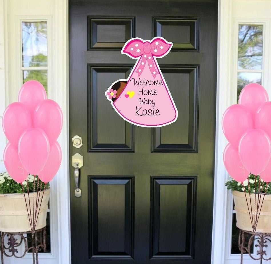 Personalized Stork Baby Girl Door Sign: African American Newborn Announcement