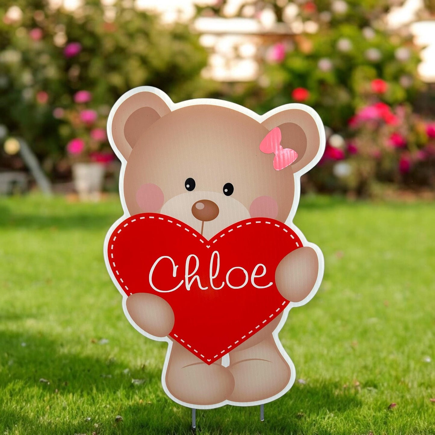 Personalized Teddy Bear Valentine's Day Yard Decor with Metal Stakes