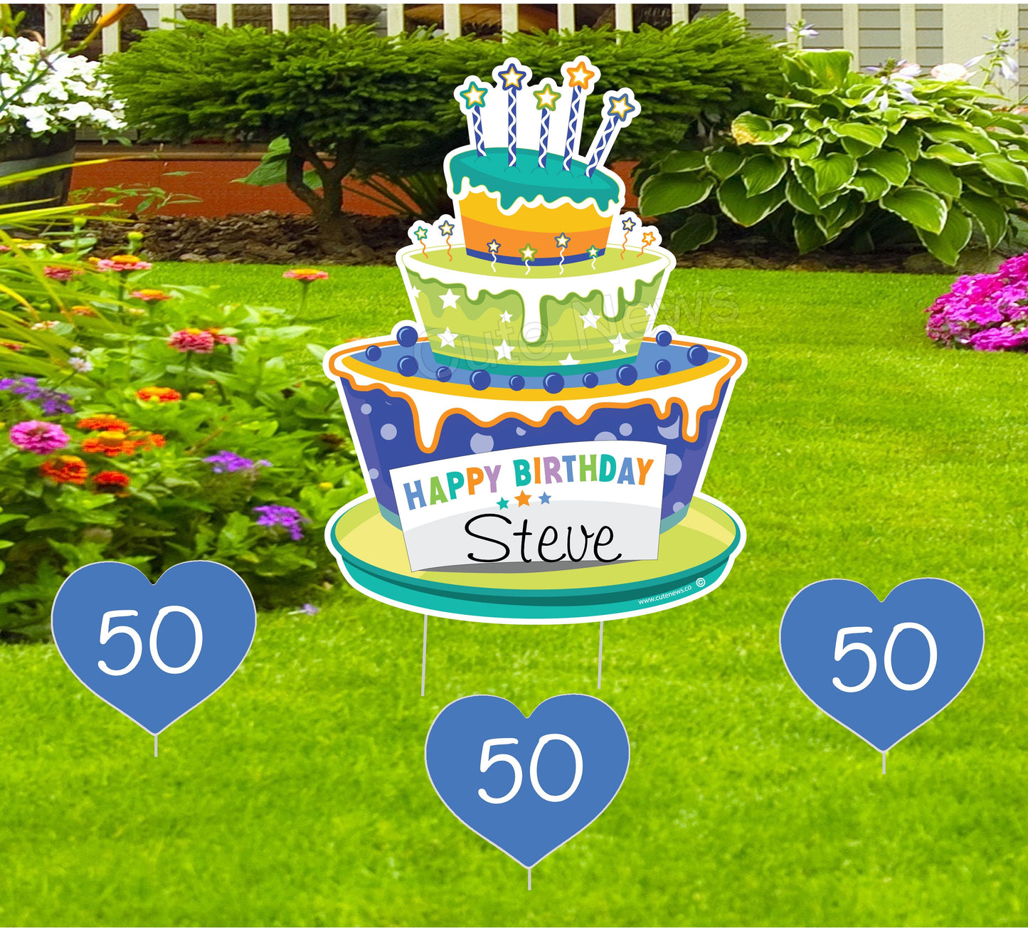 Personalized Birthday Yard Sign Kit: Cake & Hearts Lawn Decoration